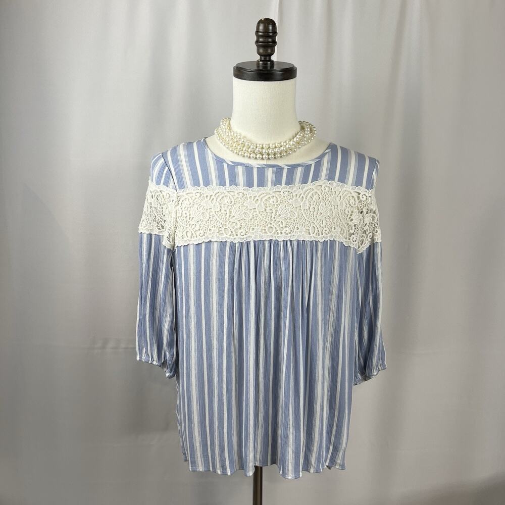 Torrid Women’s Plus Blue & White Striped Lace Trim Blouse Size: 00 (lg)
